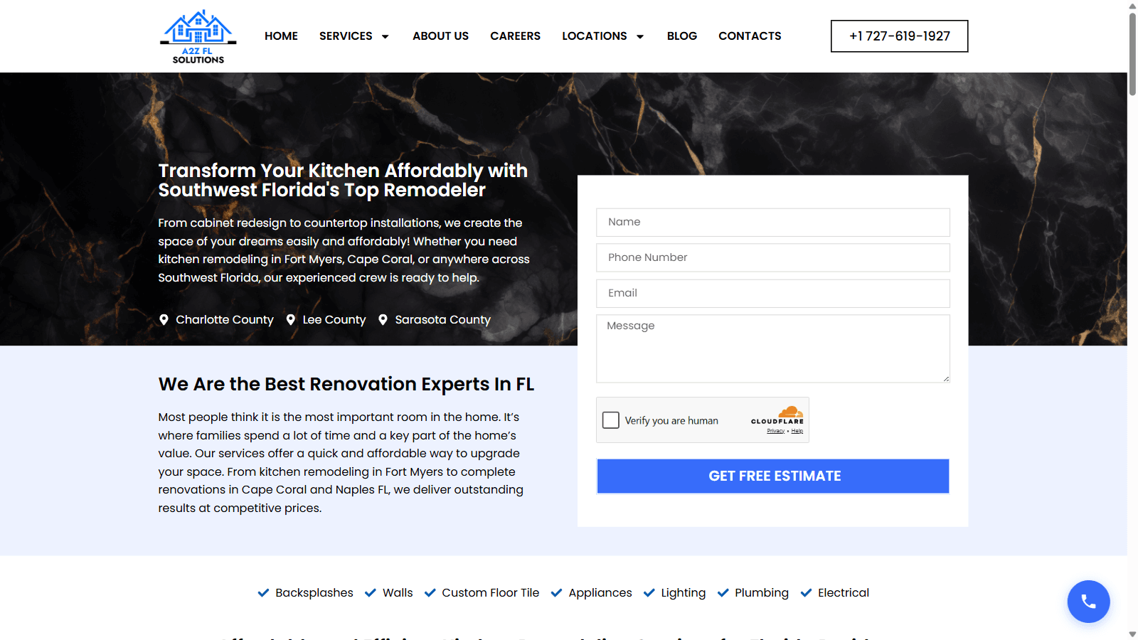 A2Z FL Solutions kitchen remodeling service page detailing cabinets, countertops, and installation