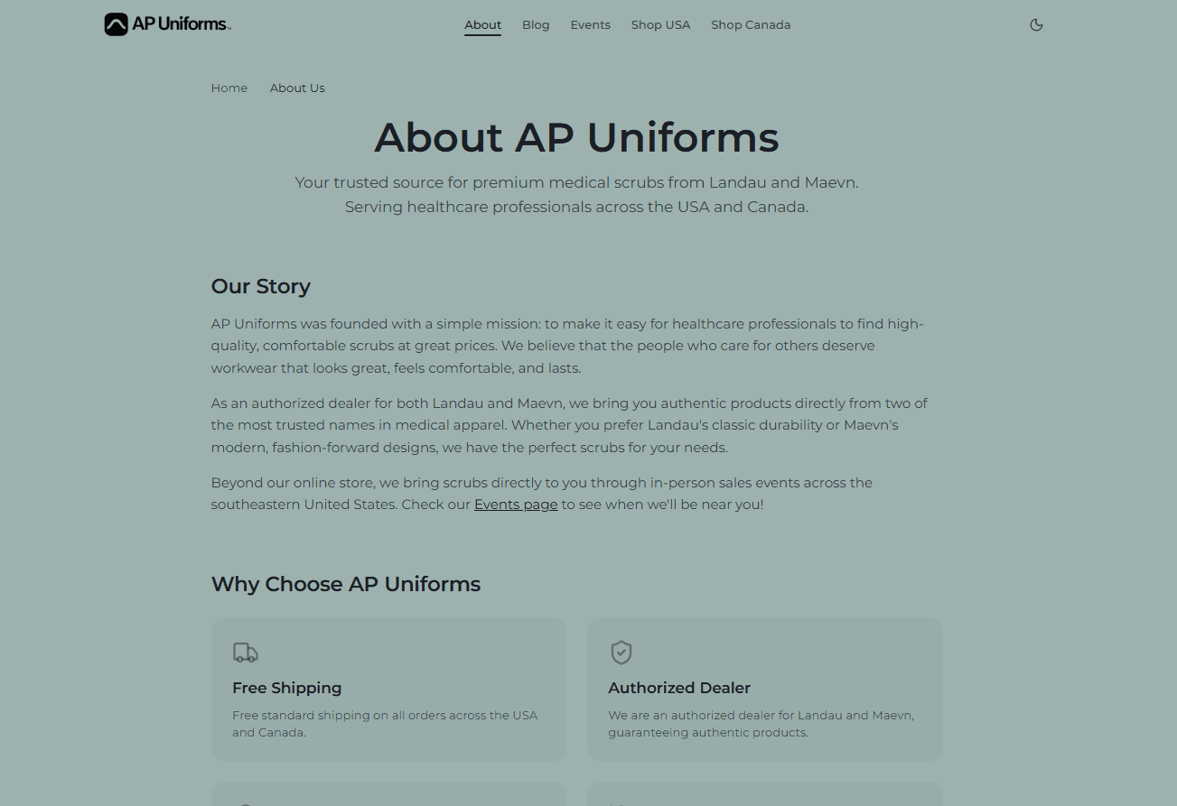 About AP Uniforms page telling the brand story with Why Choose AP Uniforms feature cards