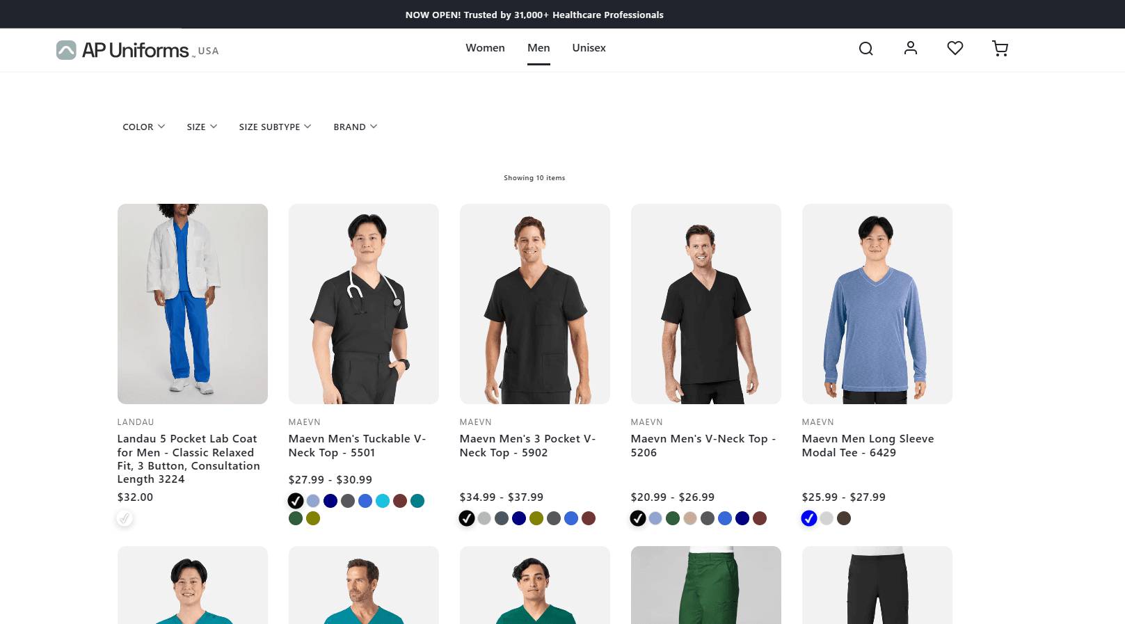 Men's collection page with color, size, and brand filtering showing Landau and Maevn products