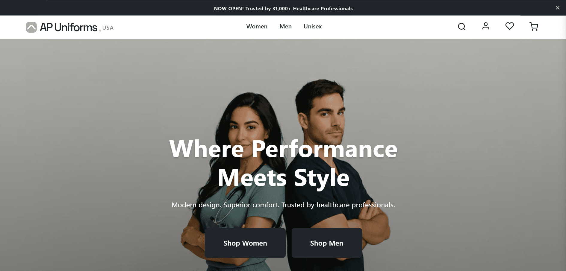 AP Uniforms US e-commerce storefront showing medical scrubs hero section with Shop Women and Shop Men CTAs