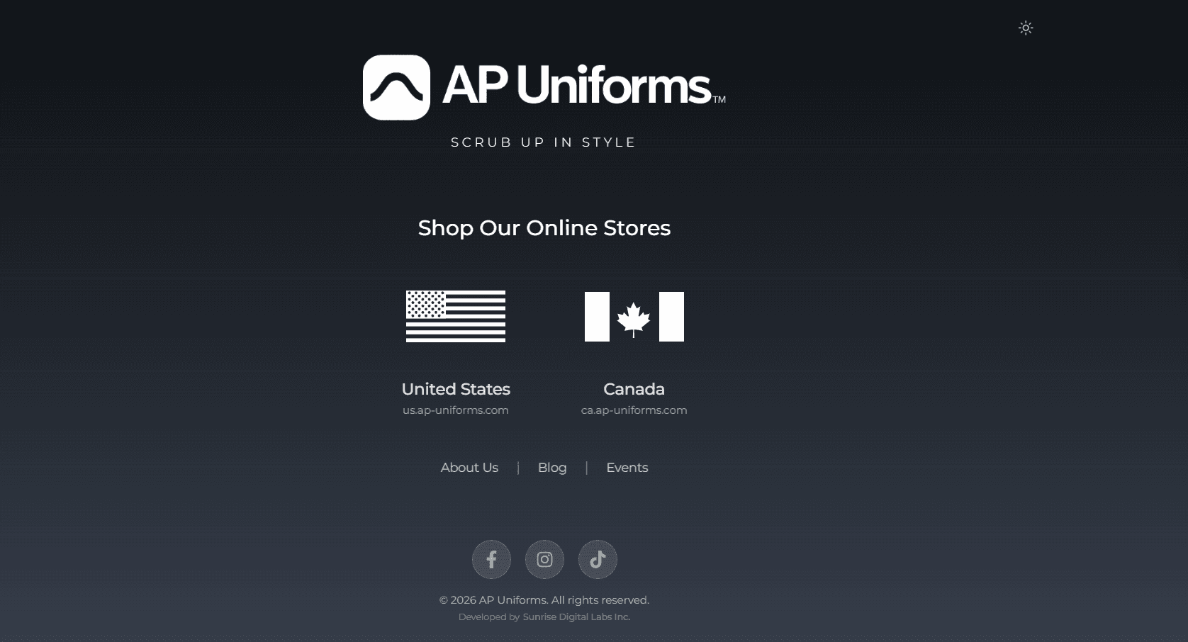 AP Uniforms hub page (dark mode) showing region selection with light/dark theme toggle