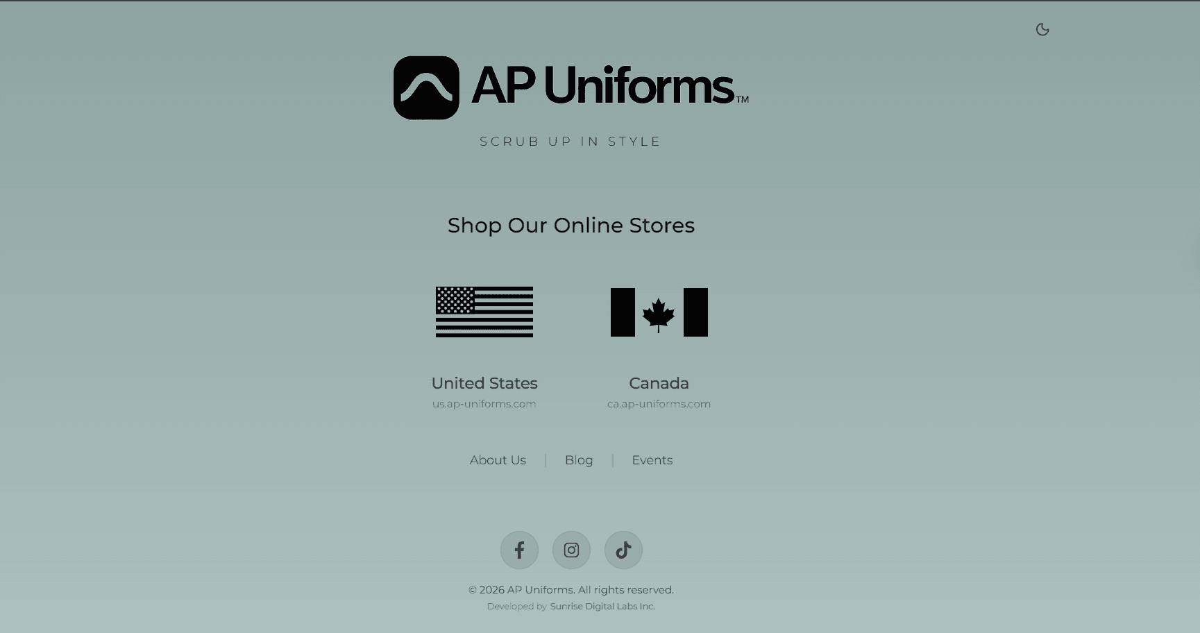 AP Uniforms hub page (light mode) with country selector for US and Canada storefronts
