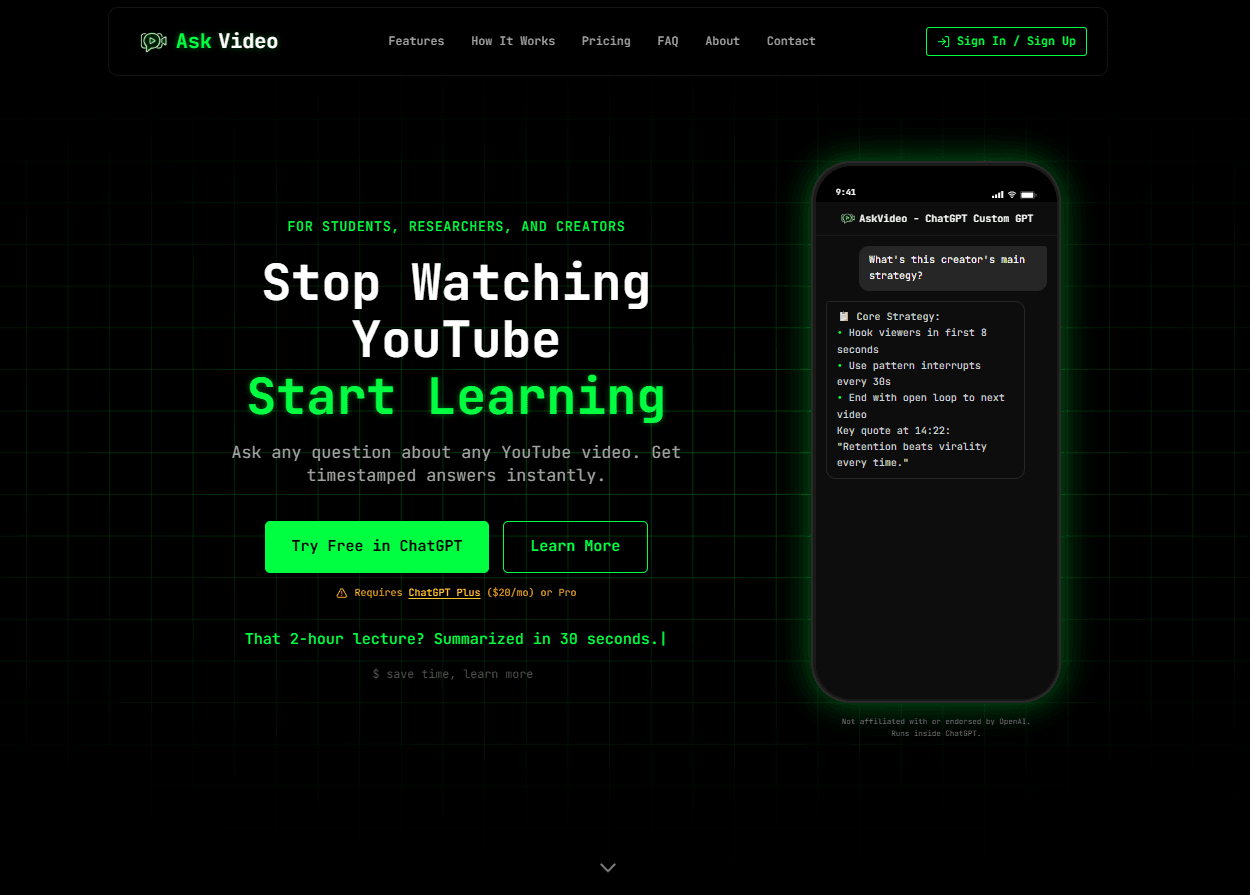 AskVideo dashboard showing AI-powered video transcript search