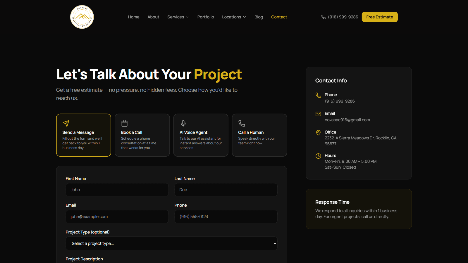 Contact page with multiple ways to reach the NovaSac team