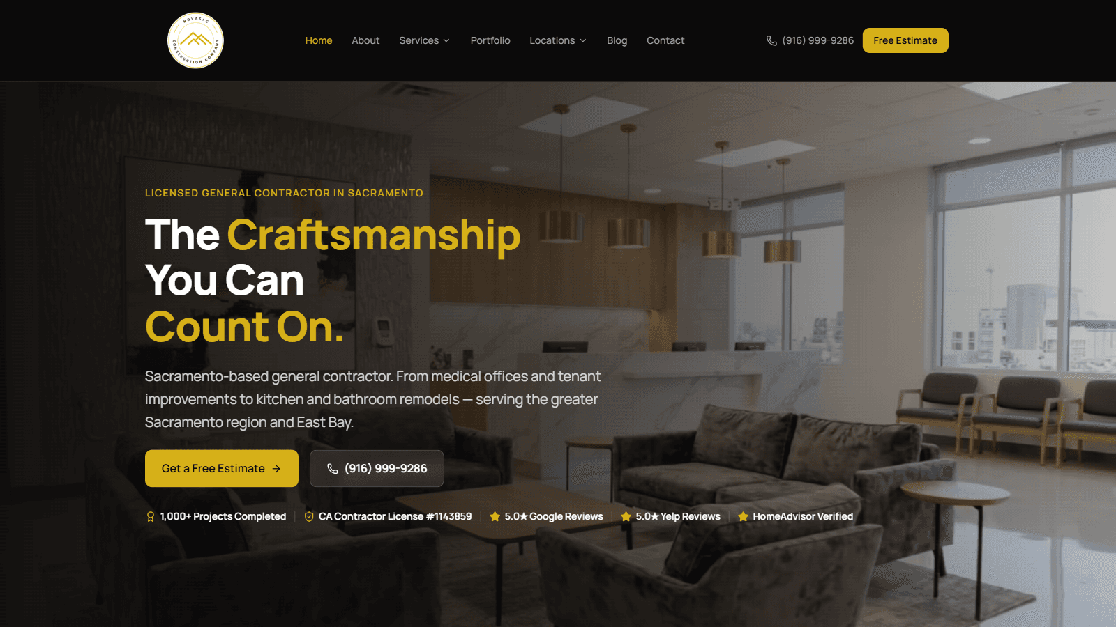 NovaSac homepage hero with video background and free estimate call-to-action