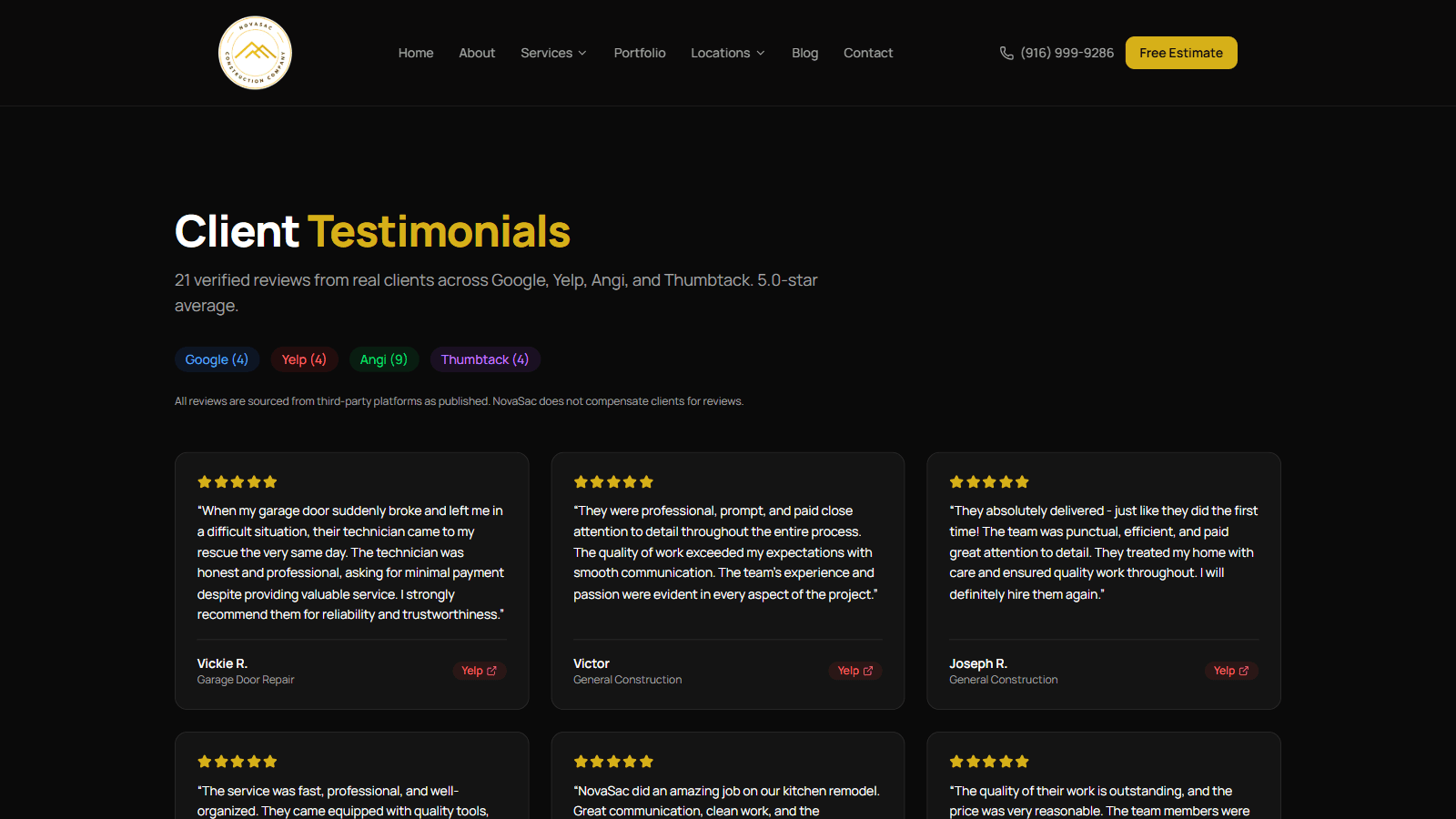 Client testimonials page aggregating reviews from Google, Yelp, Angi, and Thumbtack